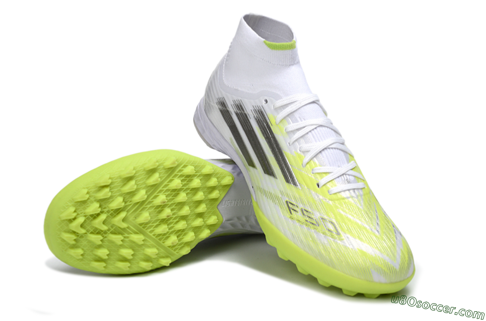 Adidas F50 Pro Mid TF Artificial Turf Soccer Shoes - White/Electric Lime/Neon Yellow 3