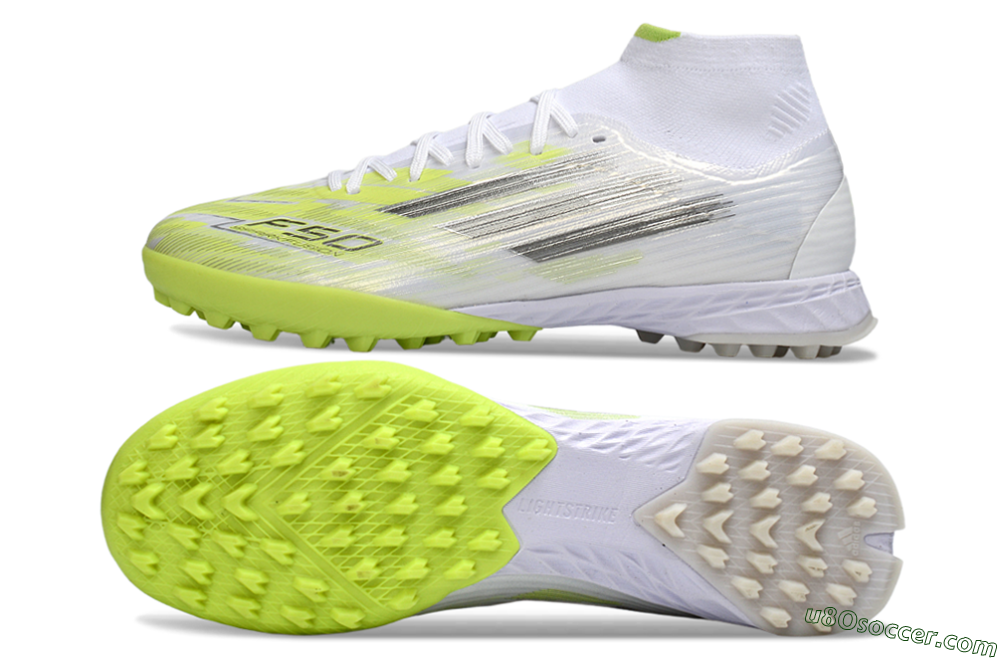 Adidas F50 Pro Mid TF Artificial Turf Soccer Shoes - White/Electric Lime/Neon Yellow 0
