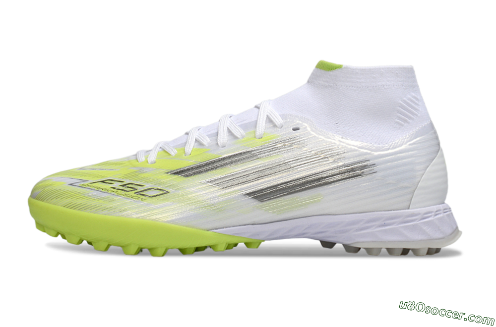 Adidas F50 Pro Mid TF Artificial Turf Soccer Shoes - White/Electric Lime/Neon Yellow 2