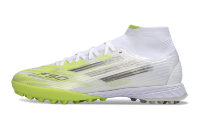 Adidas F50 Pro Mid TF Artificial Turf Soccer Shoes - White/Electric Lime/Neon Yellow