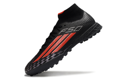 Adidas F50 Pro Mid TF Artificial Turf Soccer Shoes - Black/Fiery Red/Graphite Black
