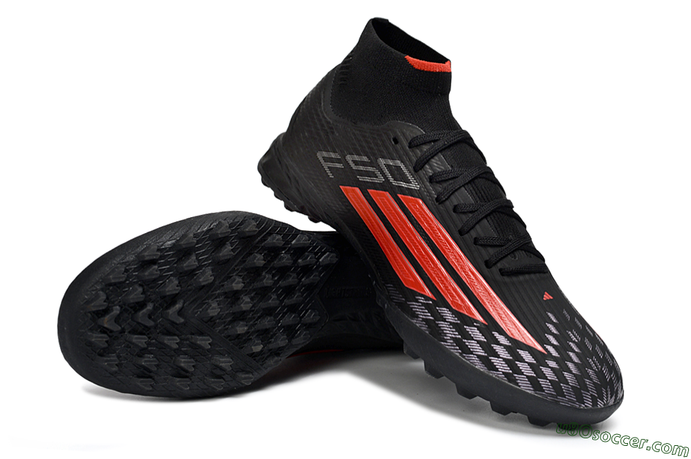 Adidas F50 Pro Mid TF Artificial Turf Soccer Shoes - Black/Fiery Red/Graphite Black 3