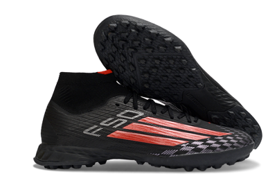 Adidas F50 Pro Mid TF Artificial Turf Soccer Shoes - Black/Fiery Red/Graphite Black