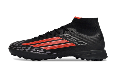 Adidas F50 Pro Mid TF Artificial Turf Soccer Shoes - Black/Fiery Red/Graphite Black