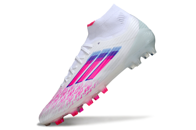 Adidas F50 Elite Mid FG Firm Ground Soccer Cleats - White/Neon Pink/Cyan Blue