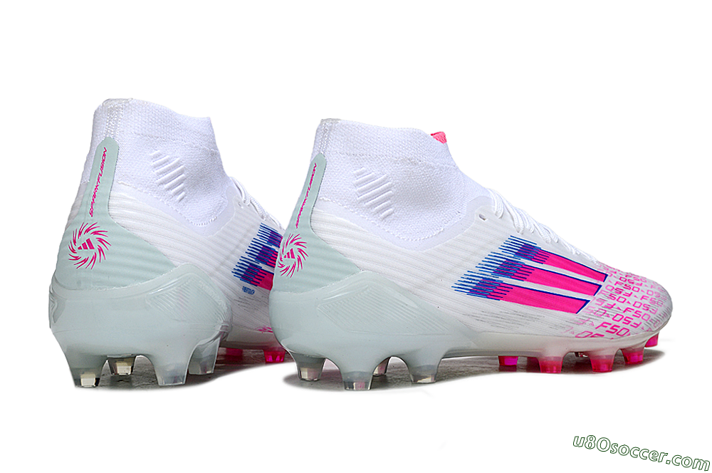 Adidas F50 Elite Mid FG Firm Ground Soccer Cleats - White/Neon Pink/Cyan Blue 6