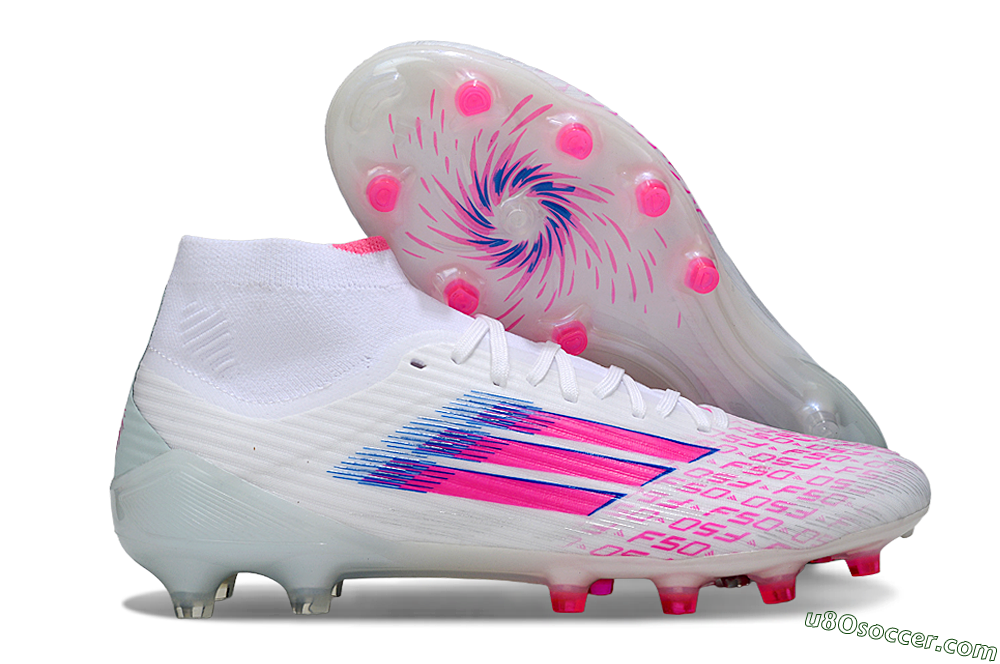 Adidas F50 Elite Mid FG Firm Ground Soccer Cleats - White/Neon Pink/Cyan Blue 1