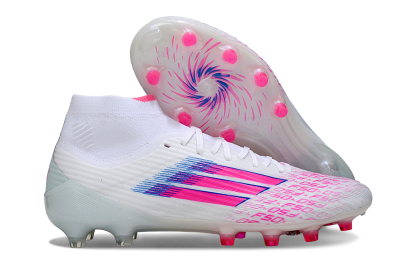 Adidas F50 Elite Mid FG Firm Ground Soccer Cleats - White/Neon Pink/Cyan Blue
