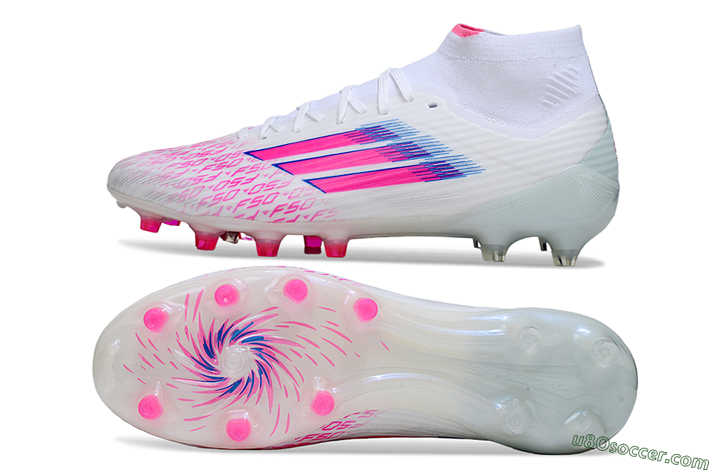 Adidas F50 Elite Mid FG Firm Ground Soccer Cleats - White/Neon Pink/Cyan Blue 0