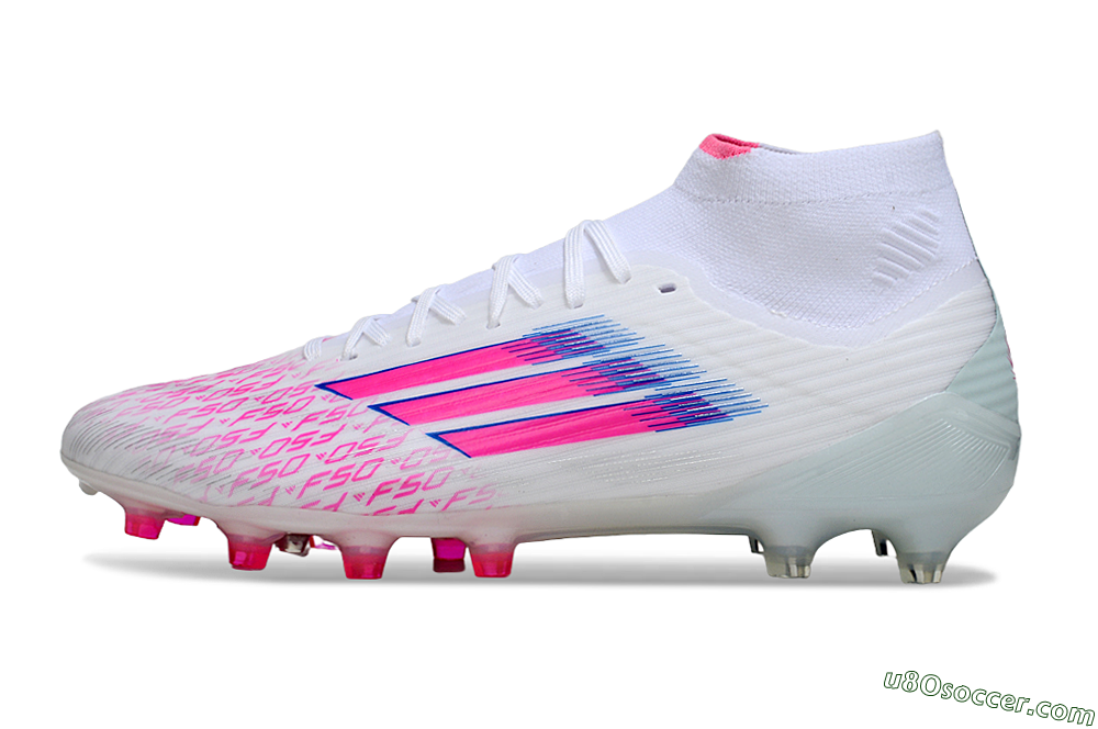 Adidas F50 Elite Mid FG Firm Ground Soccer Cleats - White/Neon Pink/Cyan Blue 2