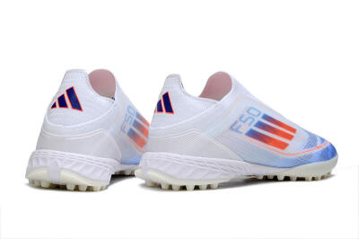 Adidas F50 Elite Laceless TF Artificial Turf Soccer Shoes - White/Sky Blue/Coral Red