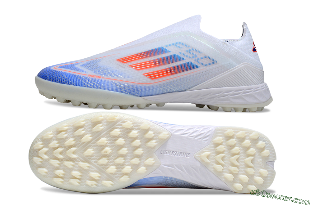 Adidas F50 Elite Laceless TF Artificial Turf Soccer Shoes - White/Sky Blue/Coral Red 0