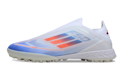 Adidas F50 Elite Laceless TF Artificial Turf Soccer Shoes - White/Sky Blue/Coral Red