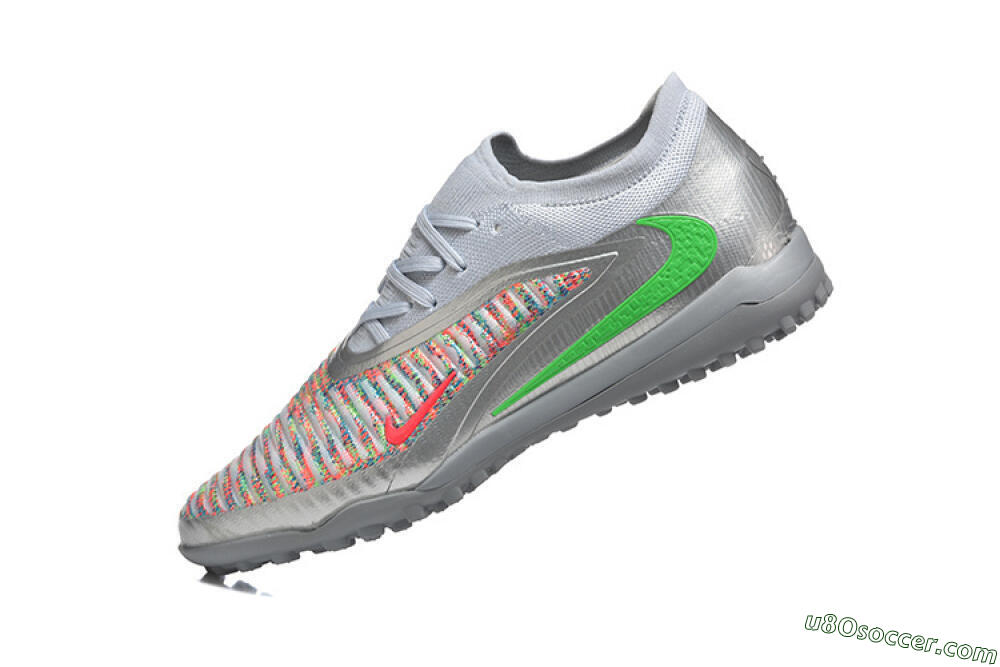 Nike Phantom 6 Low Elite TF Artificial Turf Soccer Shoes - Gray/Vibrant Green/Red Pop 8