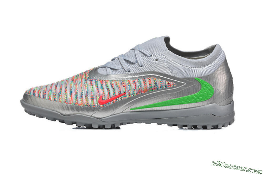 Nike Phantom 6 Low Elite TF Artificial Turf Soccer Shoes - Gray/Vibrant Green/Red Pop 2
