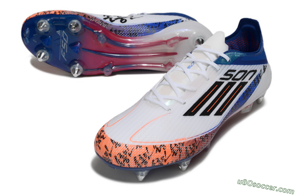 SON x Adidas F50 Elite SG Soft Ground Soccer Cleats - White/Vibrant Orange/Deep Blue 3