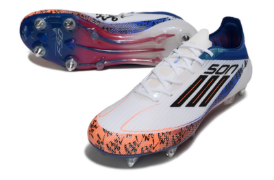 SON x Adidas F50 Elite SG Soft Ground Soccer Cleats - White/Vibrant Orange/Deep Blue