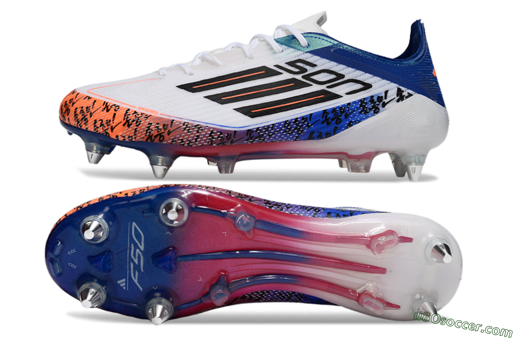 SON x Adidas F50 Elite SG Soft Ground Soccer Cleats - White/Vibrant Orange/Deep Blue 0