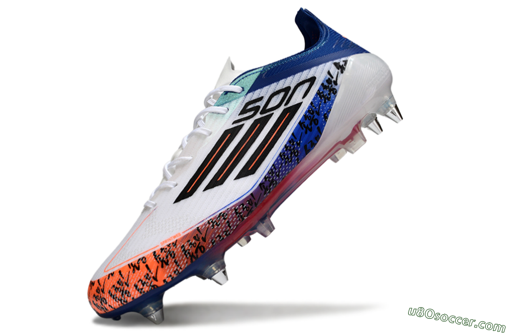 SON x Adidas F50 Elite SG Soft Ground Soccer Cleats - White/Vibrant Orange/Deep Blue 5