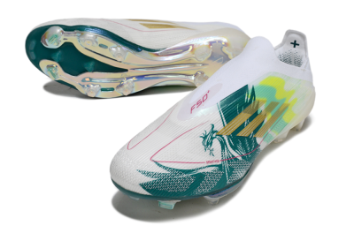 Adidas F50+ Elite Lightstrike Pro Laceless FG Firm Ground Soccer Cleats - White/Neon Green/Sapphire Blue