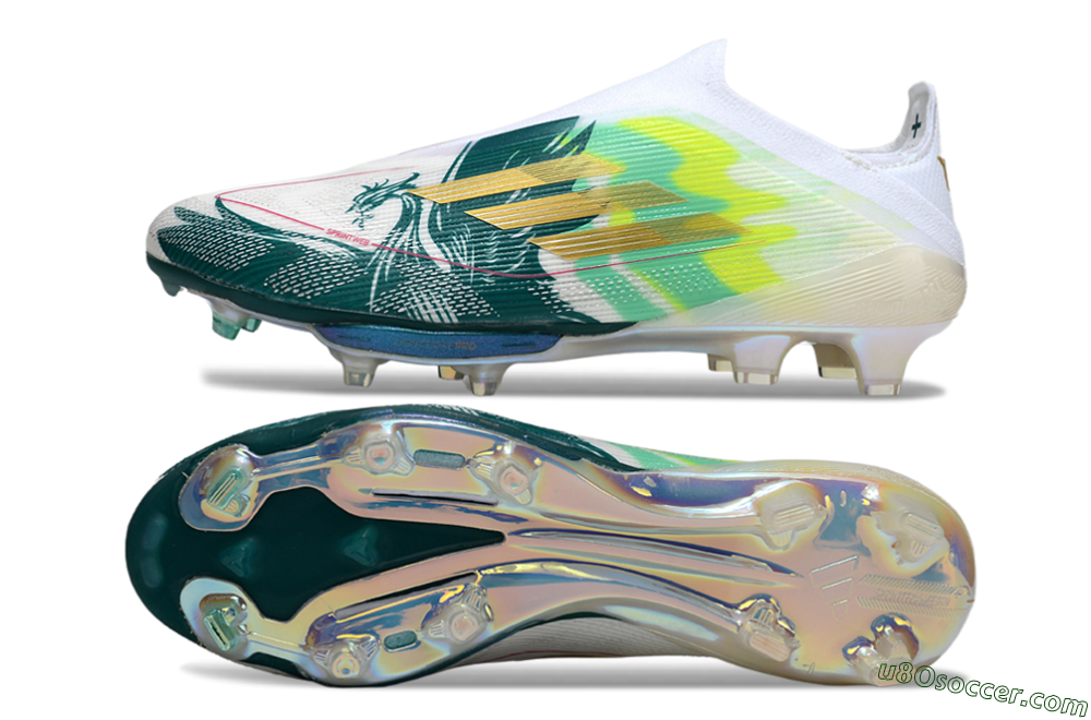 Adidas F50+ Elite Lightstrike Pro Laceless FG Firm Ground Soccer Cleats - White/Neon Green/Sapphire Blue 0