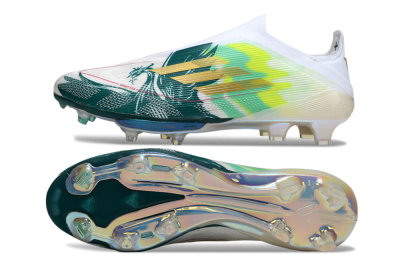Adidas F50+ Elite Lightstrike Pro Laceless FG Firm Ground Soccer Cleats - White/Neon Green/Sapphire Blue