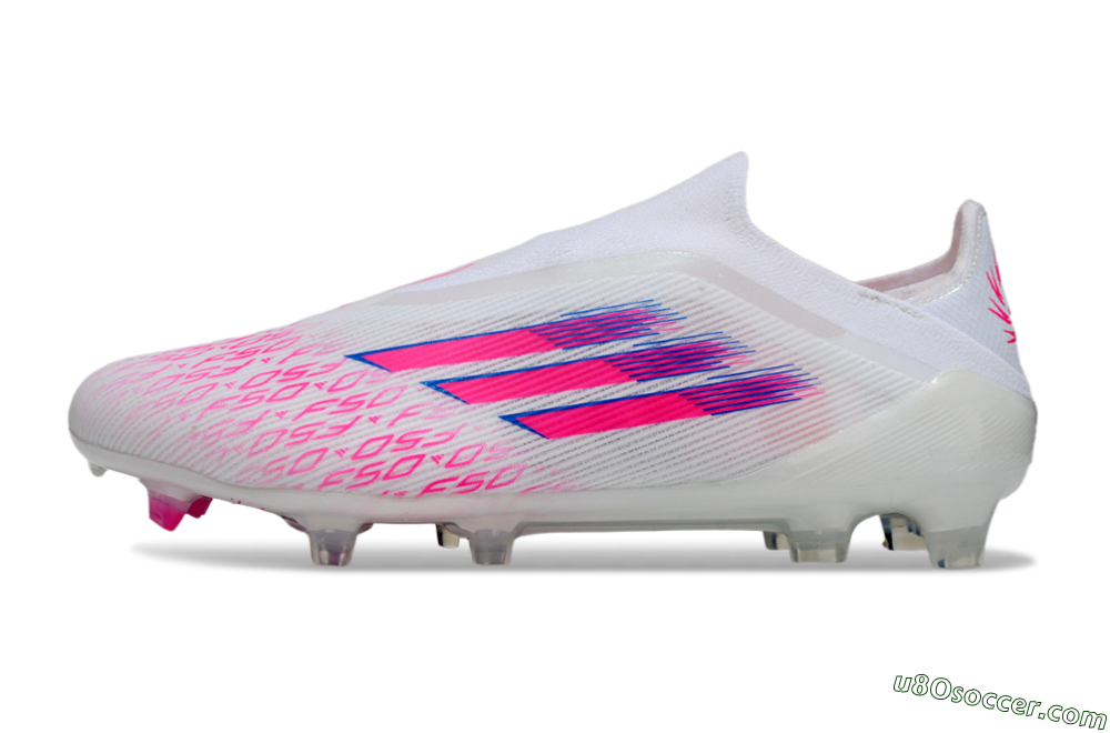 Adidas F50 Elite Laceless FG Firm Ground Soccer Cleats - White/Vibrant Pink/Deep Blue 2