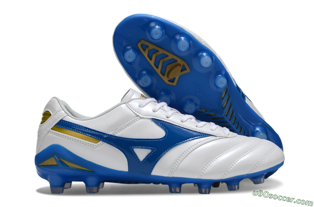 Mizuno Morelia Neo 2 FG Firm Ground Soccer Cleats - White/Azure Blue/Gold 1
