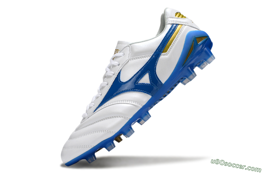 Mizuno Morelia Neo 2 FG Firm Ground Soccer Cleats - White/Azure Blue/Gold 5
