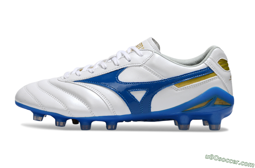 Mizuno Morelia Neo 2 FG Firm Ground Soccer Cleats - White/Azure Blue/Gold 2