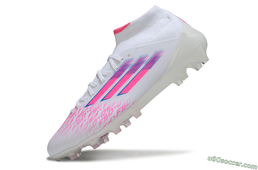 Adidas F50 Elite Mid FG Firm Ground Soccer Cleats - White/Vibrant Pink/Electric Blue 5