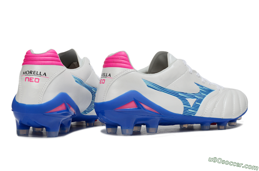 Mizuno Morelia Neo 4 FG Firm Ground Soccer Cleats - White/Electric Blue/Hot Pink 6