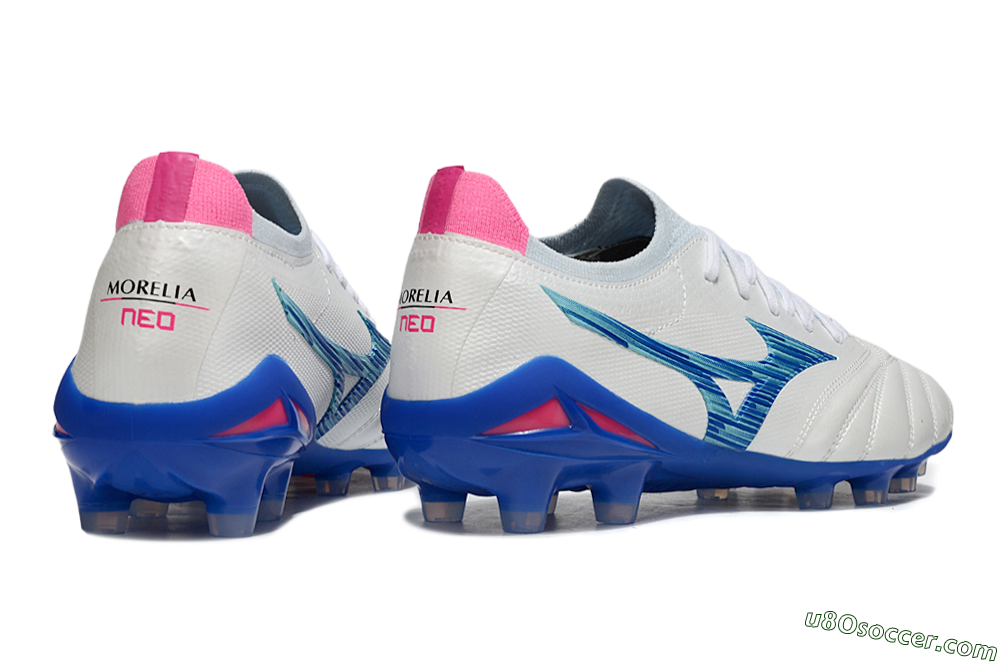 Mizuno Morelia Neo 4 FG Firm Ground Soccer Cleats - White/Blue Ocean/Pink Accent 6