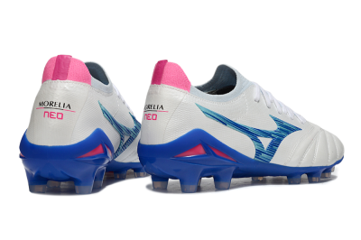 Mizuno Morelia Neo 4 FG Firm Ground Soccer Cleats - White/Blue Ocean/Pink Accent