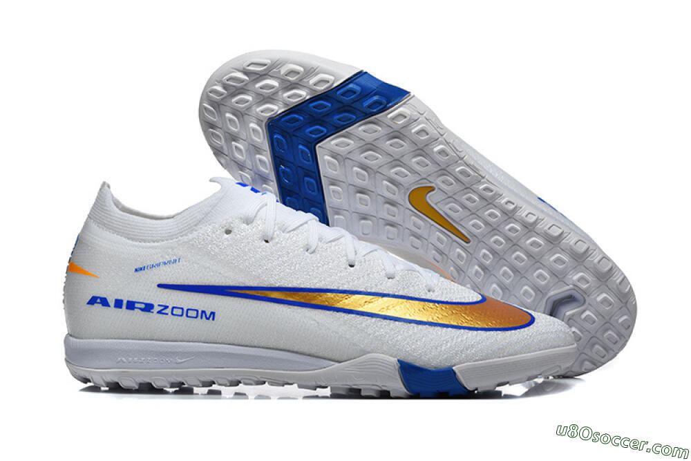 Nike Air Zoom Mercurial Vapor 16 Elite TF Artificial Turf Soccer Shoes - White/Electric Blue/Metallic Gold 1