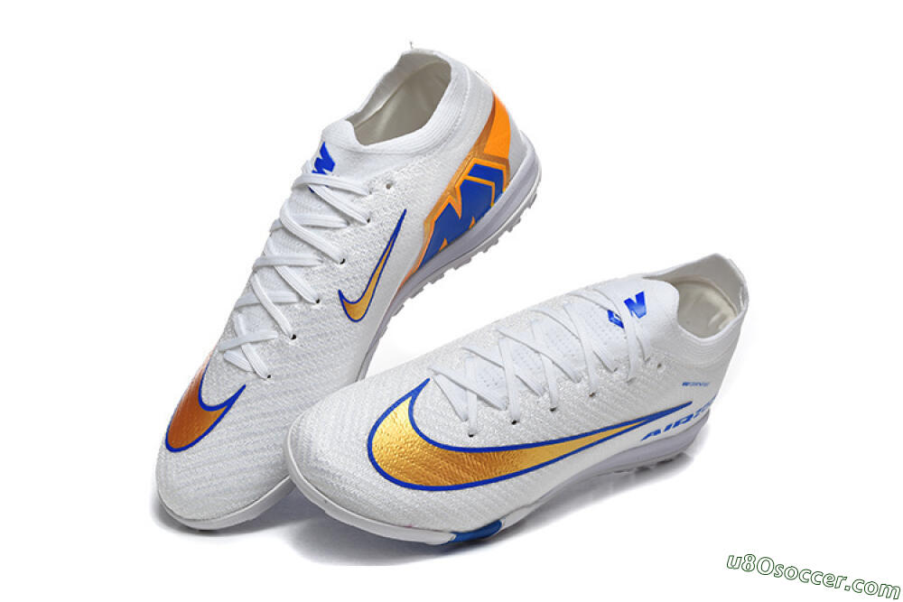 Nike Air Zoom Mercurial Vapor 16 Elite TF Artificial Turf Soccer Shoes - White/Electric Blue/Metallic Gold 6