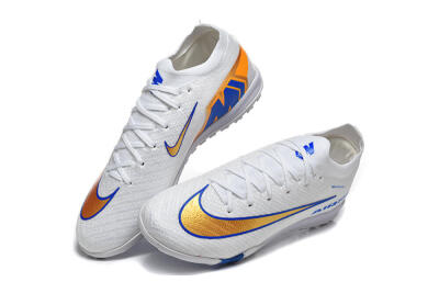 Nike Air Zoom Mercurial Vapor 16 Elite TF Artificial Turf Soccer Shoes - White/Electric Blue/Metallic Gold
