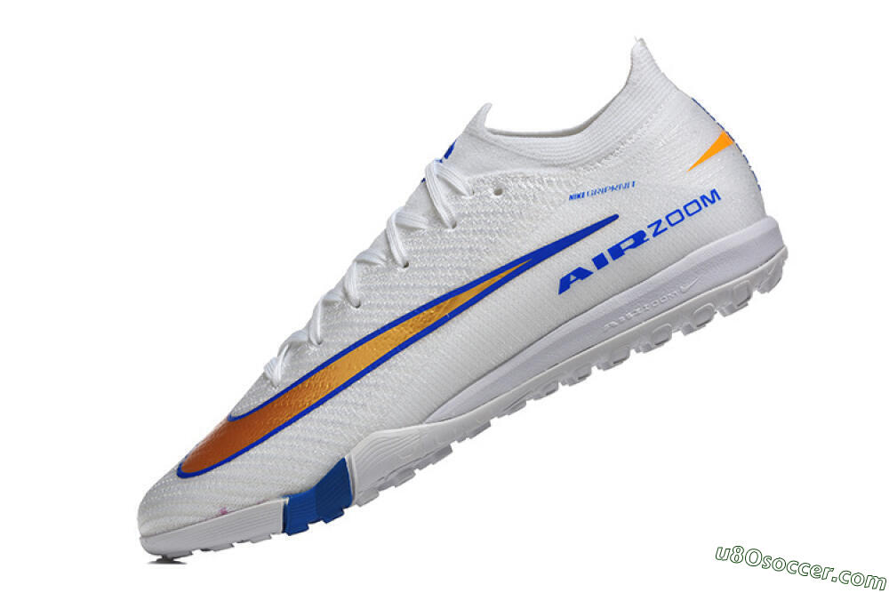 Nike Air Zoom Mercurial Vapor 16 Elite TF Artificial Turf Soccer Shoes - White/Electric Blue/Metallic Gold 8