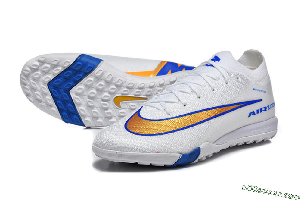 Nike Air Zoom Mercurial Vapor 16 Elite TF Artificial Turf Soccer Shoes - White/Electric Blue/Metallic Gold 3