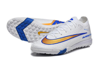 Nike Air Zoom Mercurial Vapor 16 Elite TF Artificial Turf Soccer Shoes - White/Electric Blue/Metallic Gold