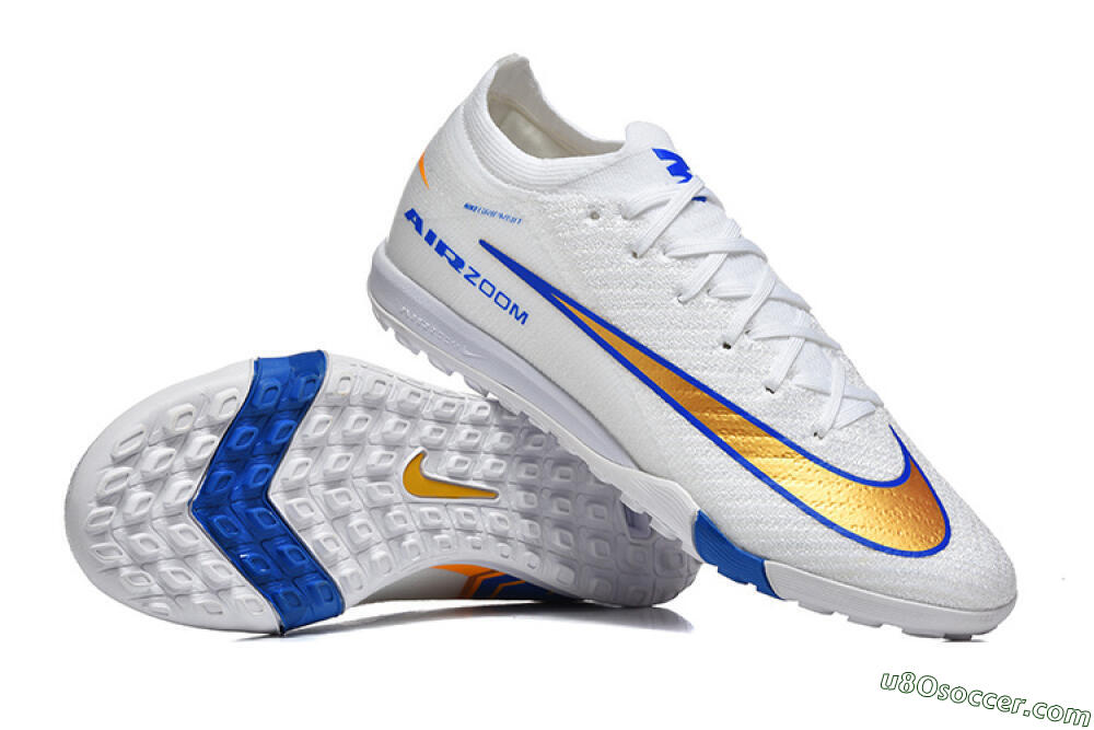 Nike Air Zoom Mercurial Vapor 16 Elite TF Artificial Turf Soccer Shoes - White/Electric Blue/Metallic Gold 4