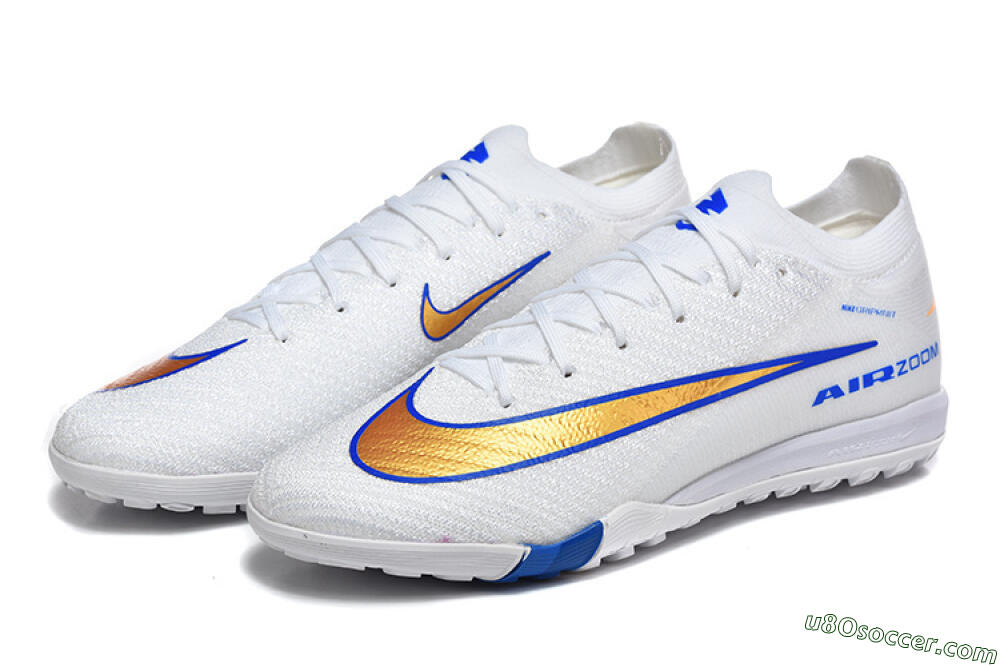 Nike Air Zoom Mercurial Vapor 16 Elite TF Artificial Turf Soccer Shoes - White/Electric Blue/Metallic Gold 5