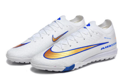 Nike Air Zoom Mercurial Vapor 16 Elite TF Artificial Turf Soccer Shoes - White/Electric Blue/Metallic Gold