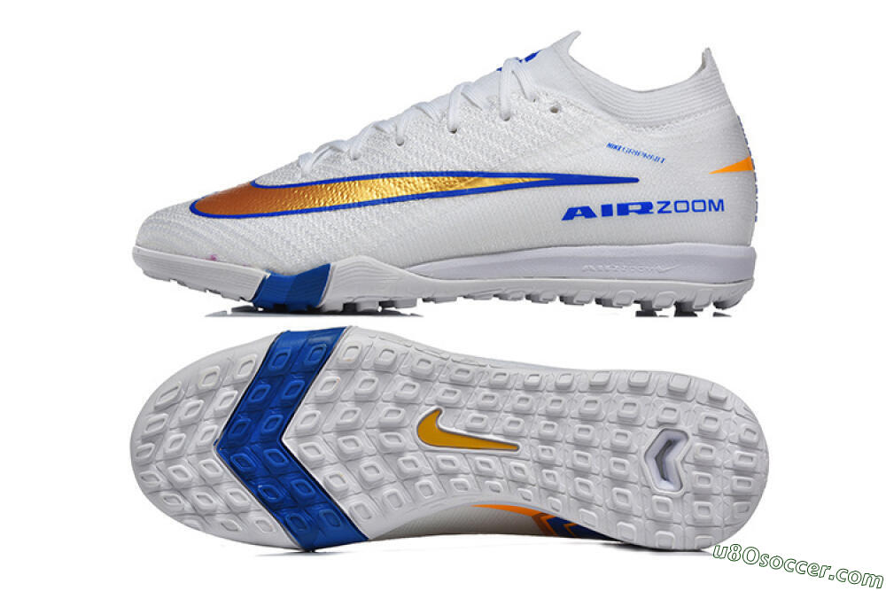 Nike Air Zoom Mercurial Vapor 16 Elite TF Artificial Turf Soccer Shoes - White/Electric Blue/Metallic Gold 0