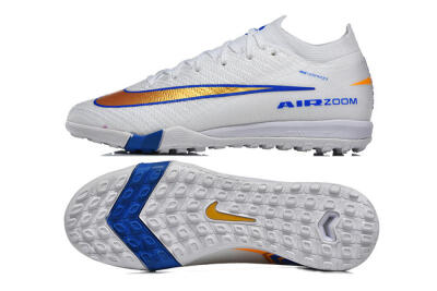 Nike Air Zoom Mercurial Vapor 16 Elite TF Artificial Turf Soccer Shoes - White/Electric Blue/Metallic Gold