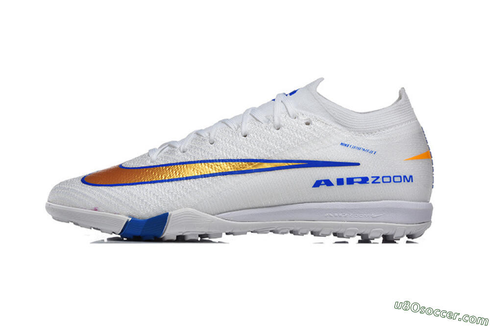 Nike Air Zoom Mercurial Vapor 16 Elite TF Artificial Turf Soccer Shoes - White/Electric Blue/Metallic Gold 2