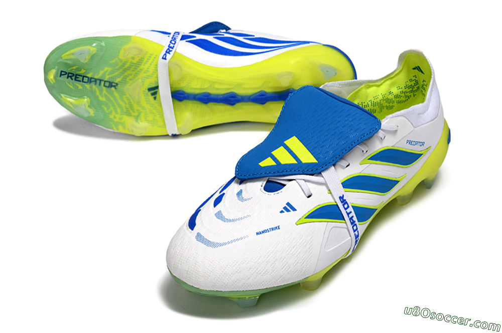 Adidas Predator 26 Elite Fold-Over Tongue FG Firm Ground Soccer Cleats - White/Neon Yellow/Cyan Blue 3