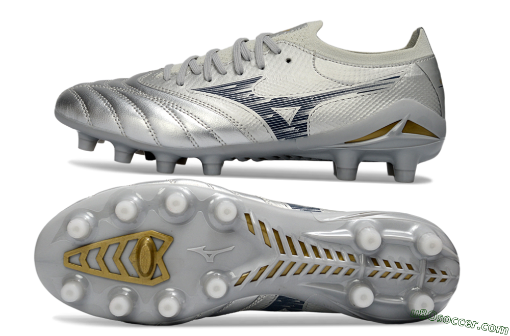 Mizuno Morelia Neo 4 FG Firm Ground Soccer Cleats - Silver/Metallic Silver/Yellow Accent 0