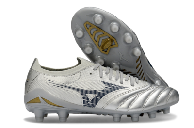 Mizuno Morelia Neo 4 FG Firm Ground Soccer Cleats - Silver/Metallic Silver/Yellow Accent