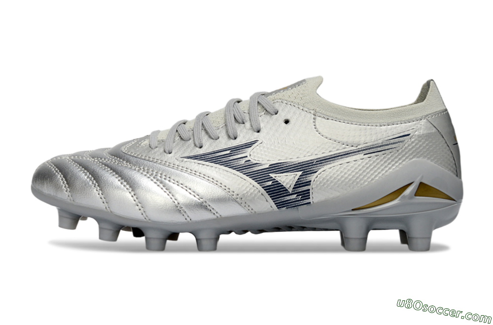 Mizuno Morelia Neo 4 FG Firm Ground Soccer Cleats - Silver/Metallic Silver/Yellow Accent 2